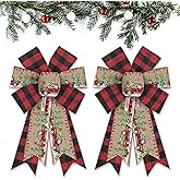 ABTOLS 2PCS Christmas Wreath Bows, Black Red Buffalo Plaid Bows for Wreath Xmas Truck Bows for Front Door Christmas Tree Wall Ornaments Tree Topper Bows for Christmas Home Indoor Outdoor Decor