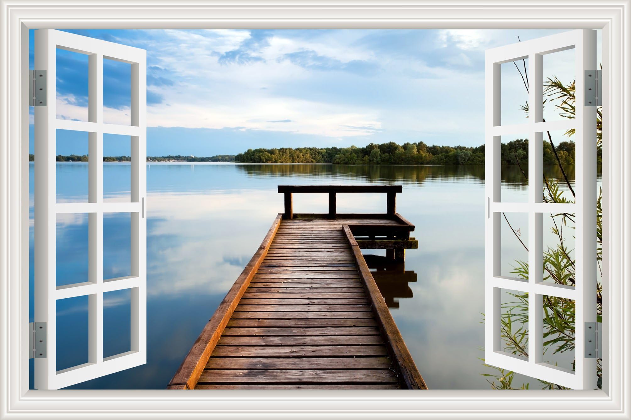 Creative Artwork Wall Sticker 3D Window Decal Wooden Bridge with lake Scenery Removeable Peel Stick Wallpapers Vinyl for Home Bedroom Decorative 32inchX48inch