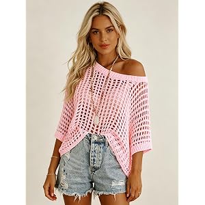 Women's Crochet Knit Off The Shoulder Top Loose Hollow Out Beach Cover Up