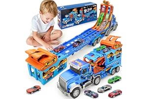 SHYLIZARD Truck Car Toys for 3, 4, 5, 6, 7, 8 Years Old Kids, Carrier Truck Race Track Toys, Foldable Transport Car Toys with Foldable Race Tracks and 6 Metal Cars, Birthday Gifts for Toddler Boys Girls (Blue)