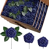 Luinabio 100 Pieces Artificial Foam Rose Flowers Faux Bouquet with Leaves and Stems for DIY Wedding Bouquets Centerpieces Bridal Shower Party Valentine Home Decorations(Navy Blue)