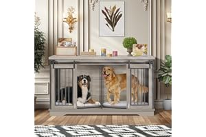 Yafylly 2-in-1 Double Dog Crate Furniture with Divider 60.6 Inch Grey Sturdy Dog Kennel TV Stand with 2 Sliding Doors and Thick Iron Door Frame for 2 Dogs