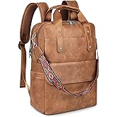 SYTRAH Leather Laptop Backpack 15.6 Inch Womens Laptop Bag, 3 IN 1 Computer Bag Handbag with Colorful Shoulder Bag Strap for Work Travel College Mocha Brown