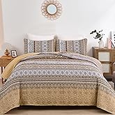 WONGS BEDDING Brown Quilt Set Queen Size, Bohemian Stripe 3 Pieces Quilts Bedspread Set Boho Lightweight Microfiber All Season Bedding Coverlet Set for Queen Bed (96"x90")
