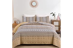 WONGS BEDDING Brown Quilt Set Queen Size, Bohemian Stripe 3 Pieces Quilts Bedspread Set Boho Lightweight Microfiber All Season Bedding Coverlet Set for Queen Bed (96"x90")