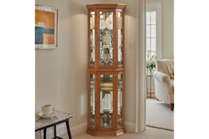 CKEASEAN Corner Curio Cabinet with Light Bulb, Tempered Glass Doors, Floor Standing Glass Display Cage with 6 Tempered Glass Shelves, Wine Cabinet Storage Rack for Bar and Liquor Storage (Oak)