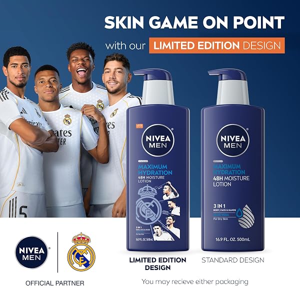 NIVEA MEN REAL MADRID LIMITED EDITION DESIGN MAXIMUM HYDRATION 48-HOUR MOISTURE BODY LOTION FOR DRY SKIN, ALOE VERA LOTION FOR MEN, 3-IN-1 BODY, FACE AND HANDS, 16.9 FL OZ BOTTLE