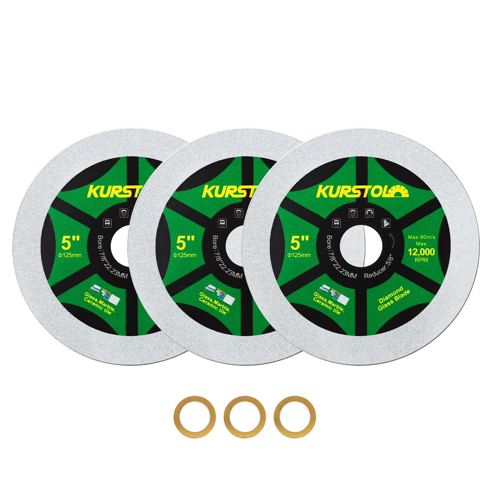 KURSTOL Diamond Glass Cutting Disc - 3pcs 125mm Ultra-Thin Cut-off Wheel bore 22.23-15.875mm for Glass, Jade, Crystal, Wine Bottle, Ceramic Tile