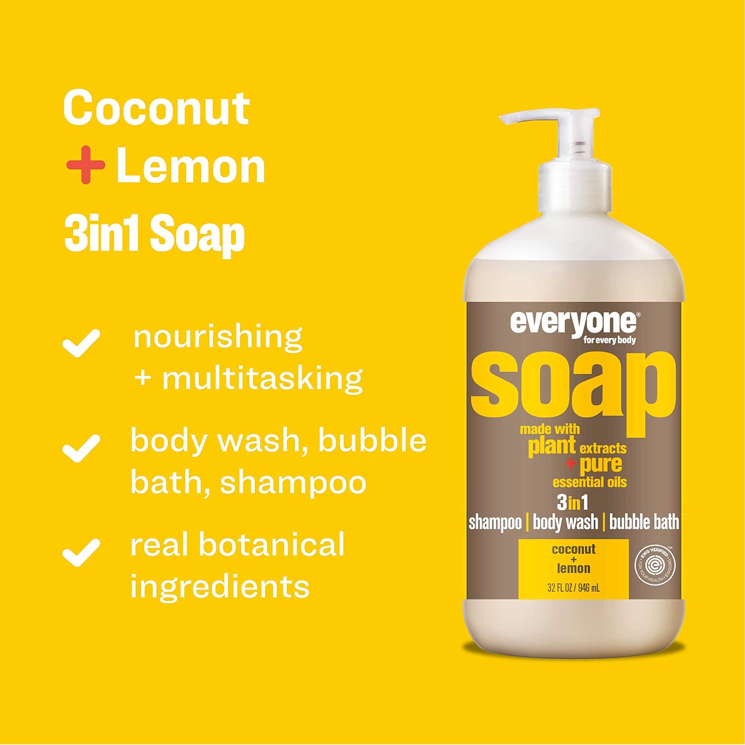 Everyone 3-in-1 Soap: Shampoo, Body Wash, & Bubble Bath, Coconut and Lemon, 32 Ounce, 2 Count : Beauty