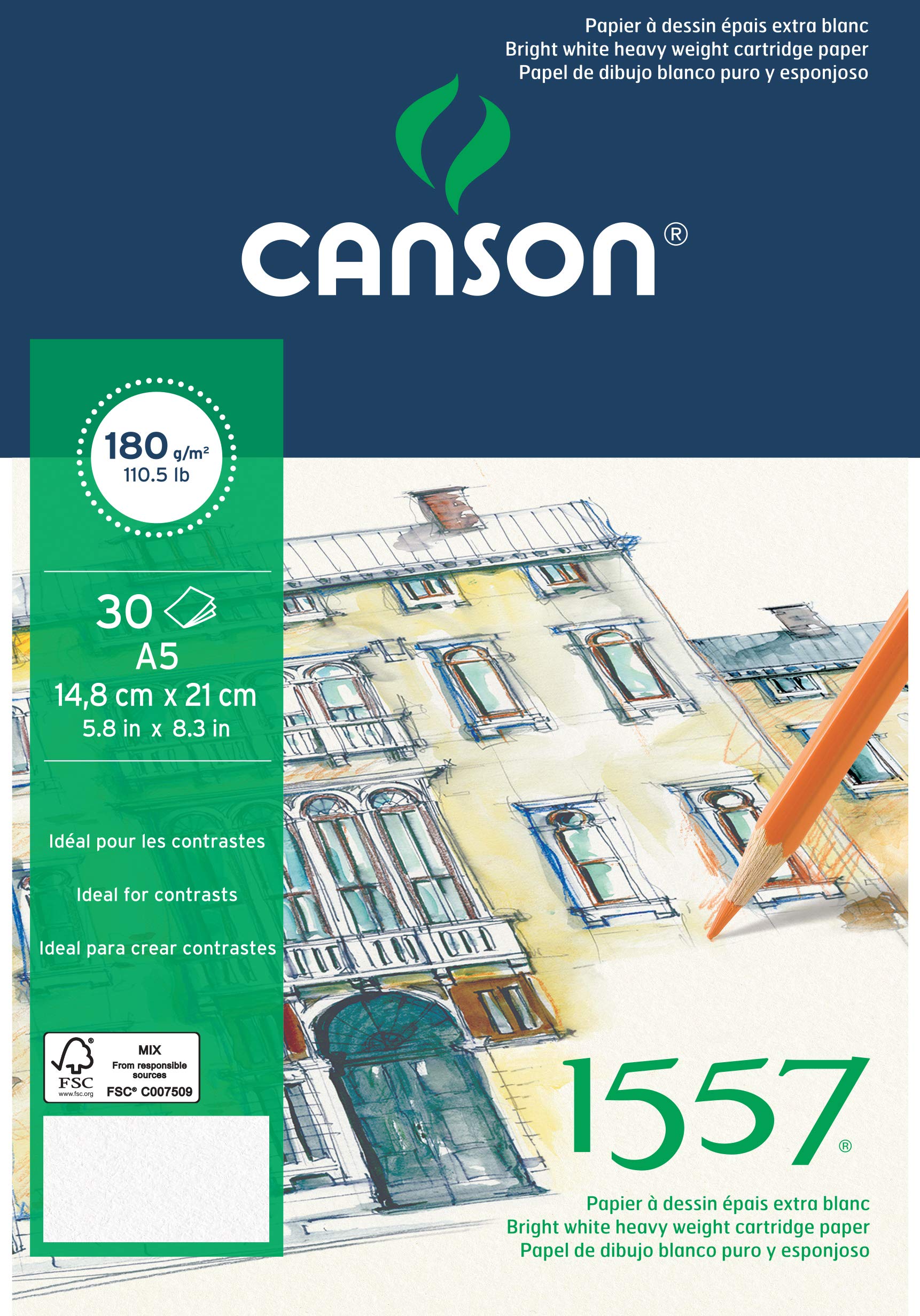 CANSON 1557 Extra White 180gsm A5 Drawing Paper, Light Grain, 30 Sheets, For Professional Artists & Illustrators