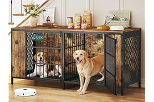 HUAHUU 63" Large Double Dog Kennel Furniture for 2 Dogs – Extra Sturdy XXL Metal & Wooden Medium Dog Cage with Removable Divider, Dual Doors & Name Tags – Indoor/Outdoor Crate for Large Breeds