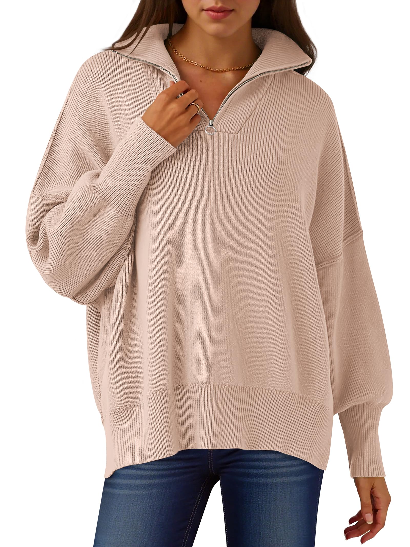 Photo 1 of ANRABESS Women's Oversized Fashion Long Sleeve Quarter Zip Baggy Loose Slouchy Sweater Pullover Tops 2025 Fall Outfits Pink Small
