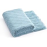 Counfeisly Acrylic Knitted Throw Blanket, Lightweight and Soft Cozy Decorative Woven Blanket with Tassels for Couch, Bed, Sofa, Travel, Suitable for All Seasons, 50 x 60 Inches, Light Blue