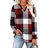 CRAZY GRID Women V Neck Fall Top Loose Trendy Casual Long Sleeve Shirt Plaid Floral Plain Printed Blouse Versatile Wear S-3XL