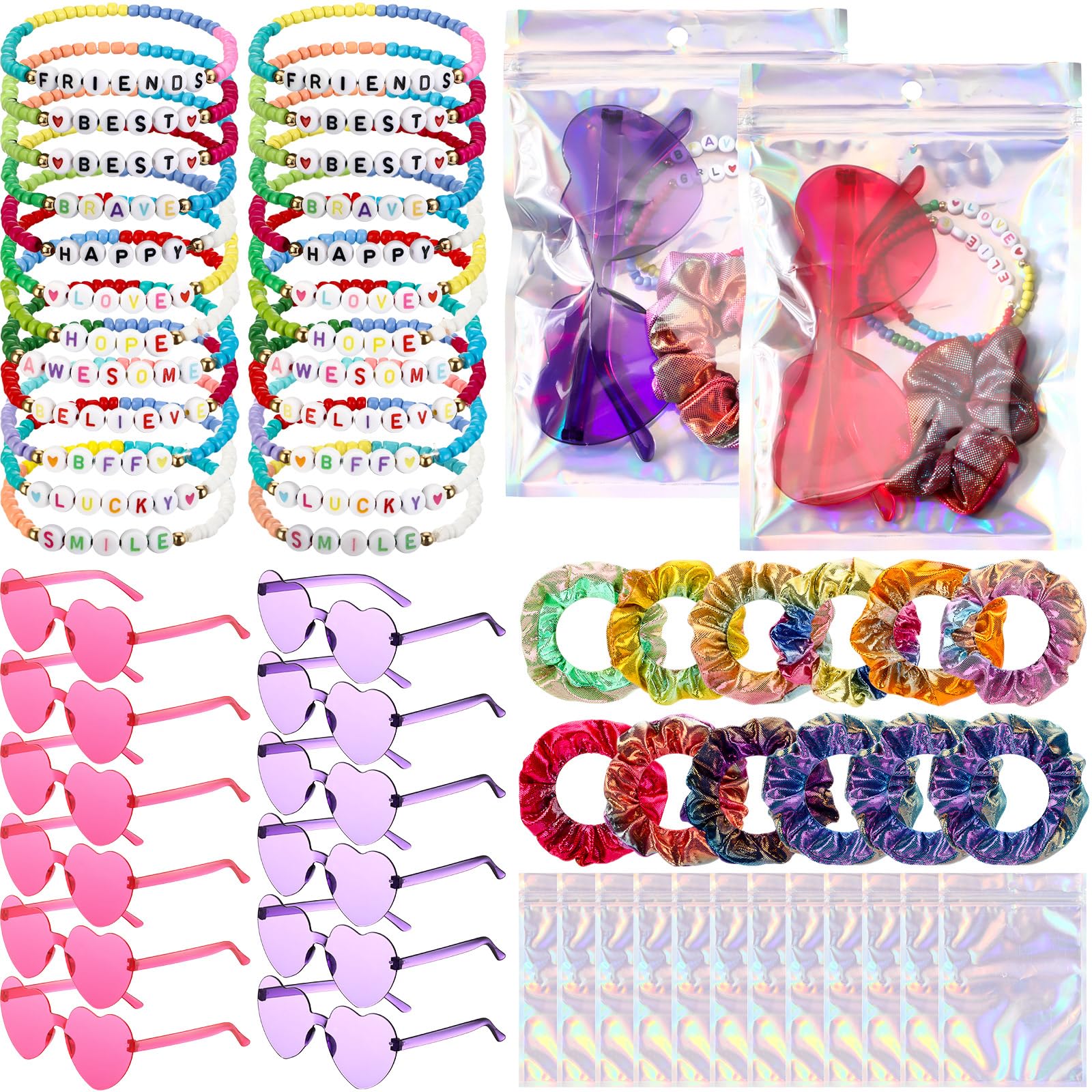 Photo 1 of **ONLY SUNGLASEES**60 Pcs Singer Friendship Party Favors Bulk Era Music Birthday Favors 12 Set Friendship Bracelets Heart Sunglasses Hair Scrunchies for Girls Women Fans Party Supplies Decorations(Rose Red, Purple)