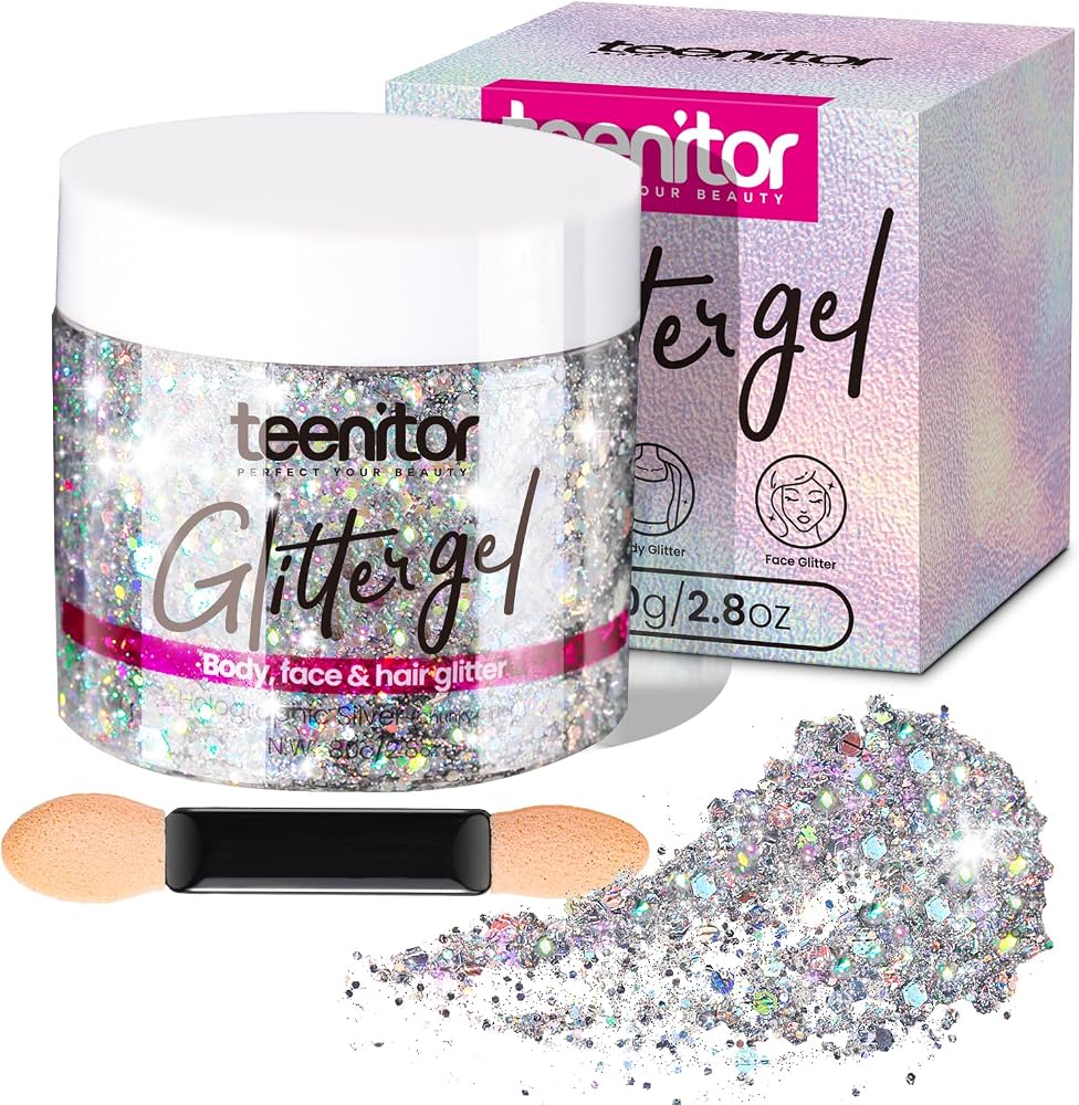 Teenitor Body Glitter, Body Glitter Gel, Hair Glitter, Face Glitter, Holographic Chunky Makeup Silver Glitter Gel for Face, M