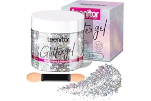 Teenitor Body Glitter, Body Glitter Gel, Hair Glitter, Face Glitter, Holographic Chunky Makeup Silver Glitter Gel for Face, Makeup, Hair, Eye
