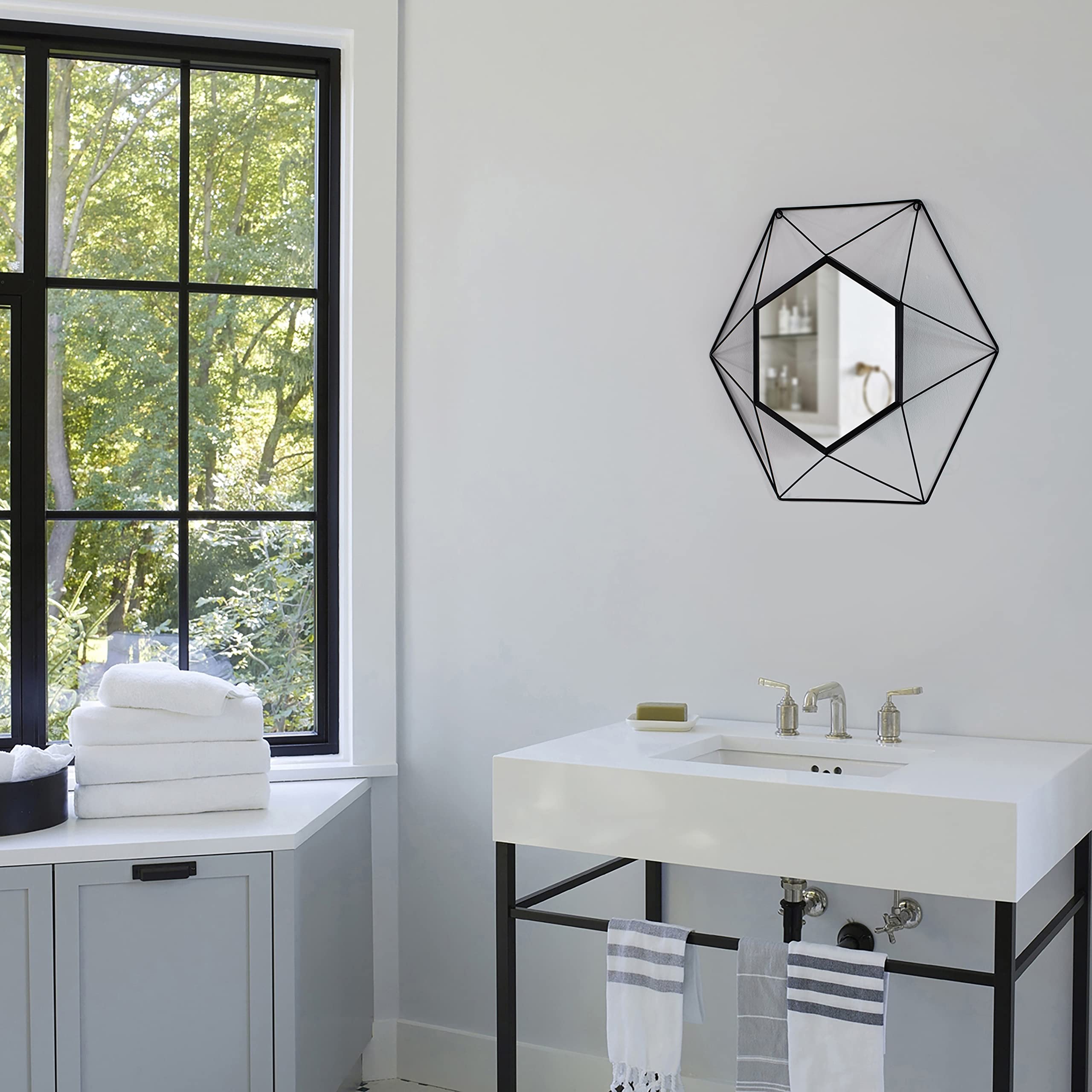 Condition photo showing New/Like New for uniquewise decorative 20-inch star shaped black metal frame modern wall mounted geometric mirror - e