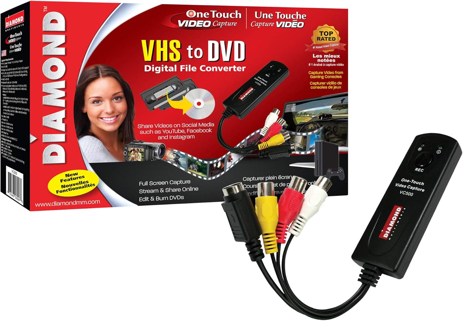 Diamond VC500 USB 2.0 One Touch VHS to DVD Video Capture Device with Easy to use Software, Convert, Edit and Save to Digital Files For Win7, Win8 and Win10: Computers & Accessories