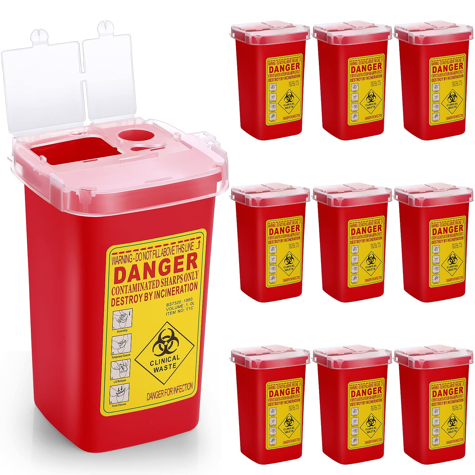 Photo 1 of 10 Pcs 1 Quart Sharps Container Sharps Disposal Containers for Home Use Small Needle Portable Flip Top Designed for Office Tattoo Parlors Barbershop Travel, 6" x 4" x 3", Red