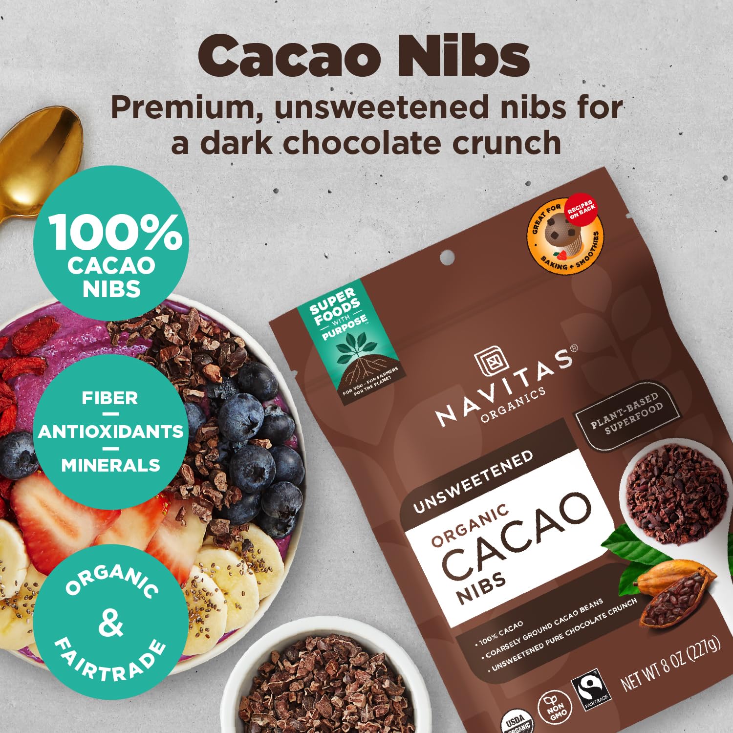 Navitas Organics Cacao Nibs – Unsweetened Dark Chocolate Crunch – Antioxidants, Minerals, Fiber – For Trail Mix, Baking & More – USDA Organic, Fairtrade, Non GMO, Gluten Free, Non-alkalized (16oz. Bag 151 Servings)