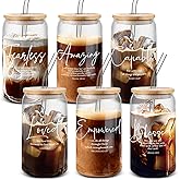 Funnymoom 6 Pcs Christian Easter Gifts Bulk 16 oz Bible Verse Glass Cups with Bamboo Lids and Straw Christian Mothers Day Church Gifts Bible Verse Religious Coffee Cup for Women Men Clergy