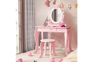 KOTEK 2-in-1 Kids Vanity with Detachable Top & 360° Rotating Mirror, Little Girls Vanity Set with Mirror, Stool and Drawer, Pink Princess Dressing Table & Chairs, Makeup Vanity Desk for Toddler 3-7
