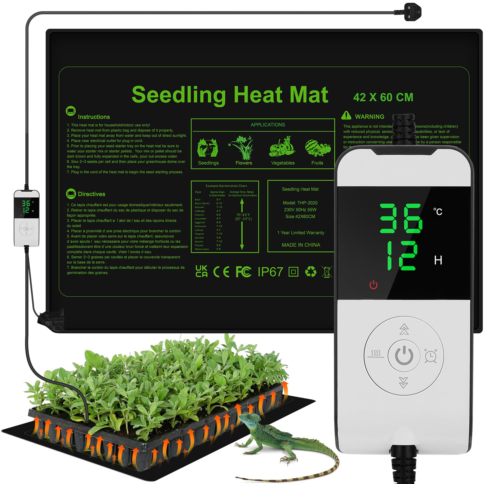 WADEO Heat Mat for Plants, [24H Heating] Seedling Heat Mat with Thermostat 5 to 45°C, Timing Function 0-12H, also Heated for Mushroom, Reptile, Spider, Snake (60 x 42cm - 55W - Large)
