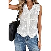 Milumia Women's V Neck Summer Tops Lace Floral Sleeveless Embroidered Beach Casual Blouse Shirt