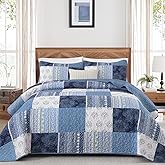 Dintszyayue Blue Patchwork Quilt Set Queen Size,3 Pieces Boho Bedspread Coverlet Set Plaid Bohemian Quilt Bedding Set Reversible Bed Cover Soft Lightweight Coverlet Set (Queen,96"x90")