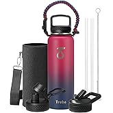 Trebo 40oz Water Bottle with 3 Lid and handle, Vacuum Insulated Stainless Steel Metal Outdoor Leakproof BPA-Free Flask, Keep Cold 48 Hours Water Jug, Best Gift for Men Women Holiday, Ruby Red