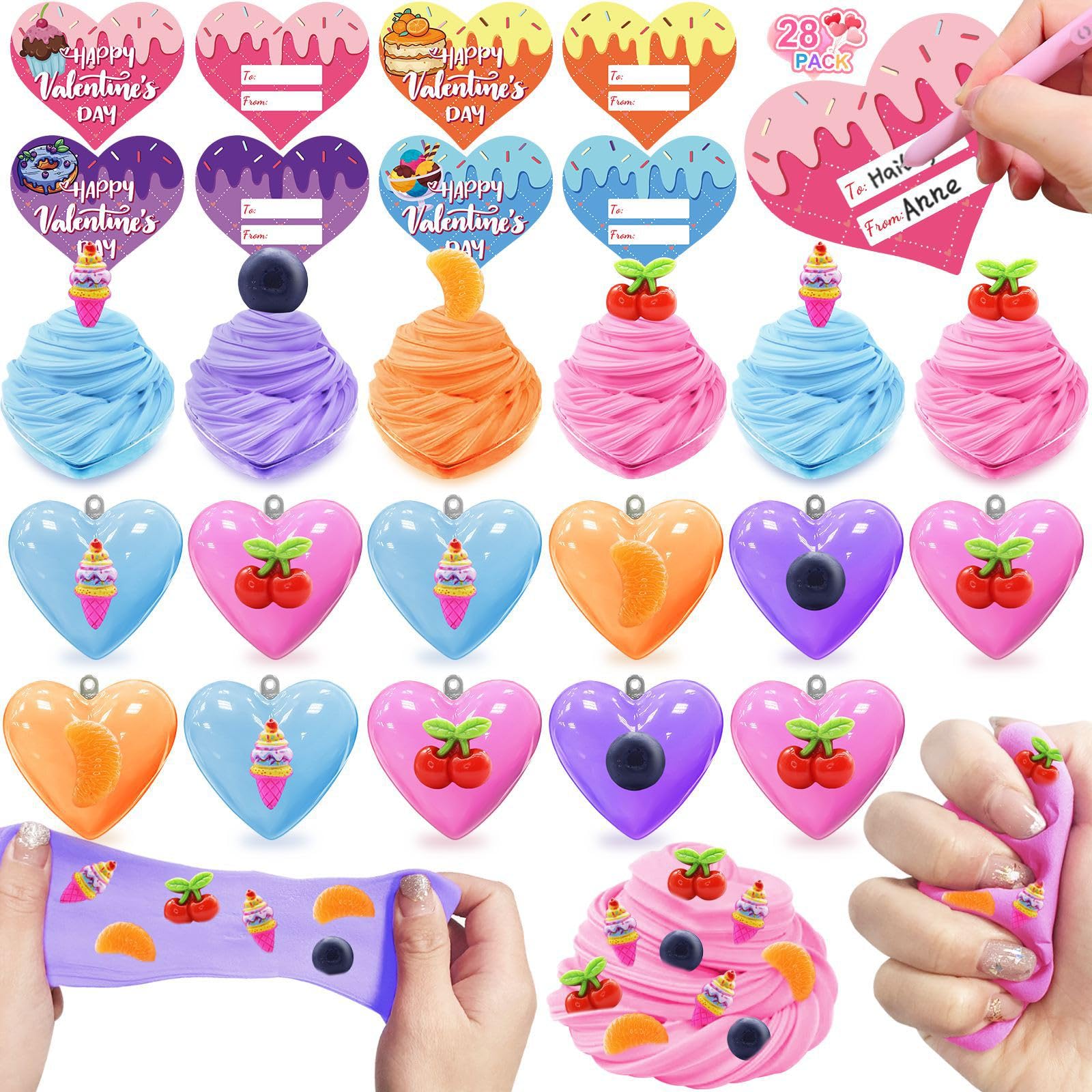 Photo 1 of 28 Pack Valentines Butter Slime Filled Heart with Fruit Charms Valentines Cards Gifts for Kids Girls Boy Non-Sticky Putty Stress Relief Toy Valentines School Classroom Exchange Party Favor