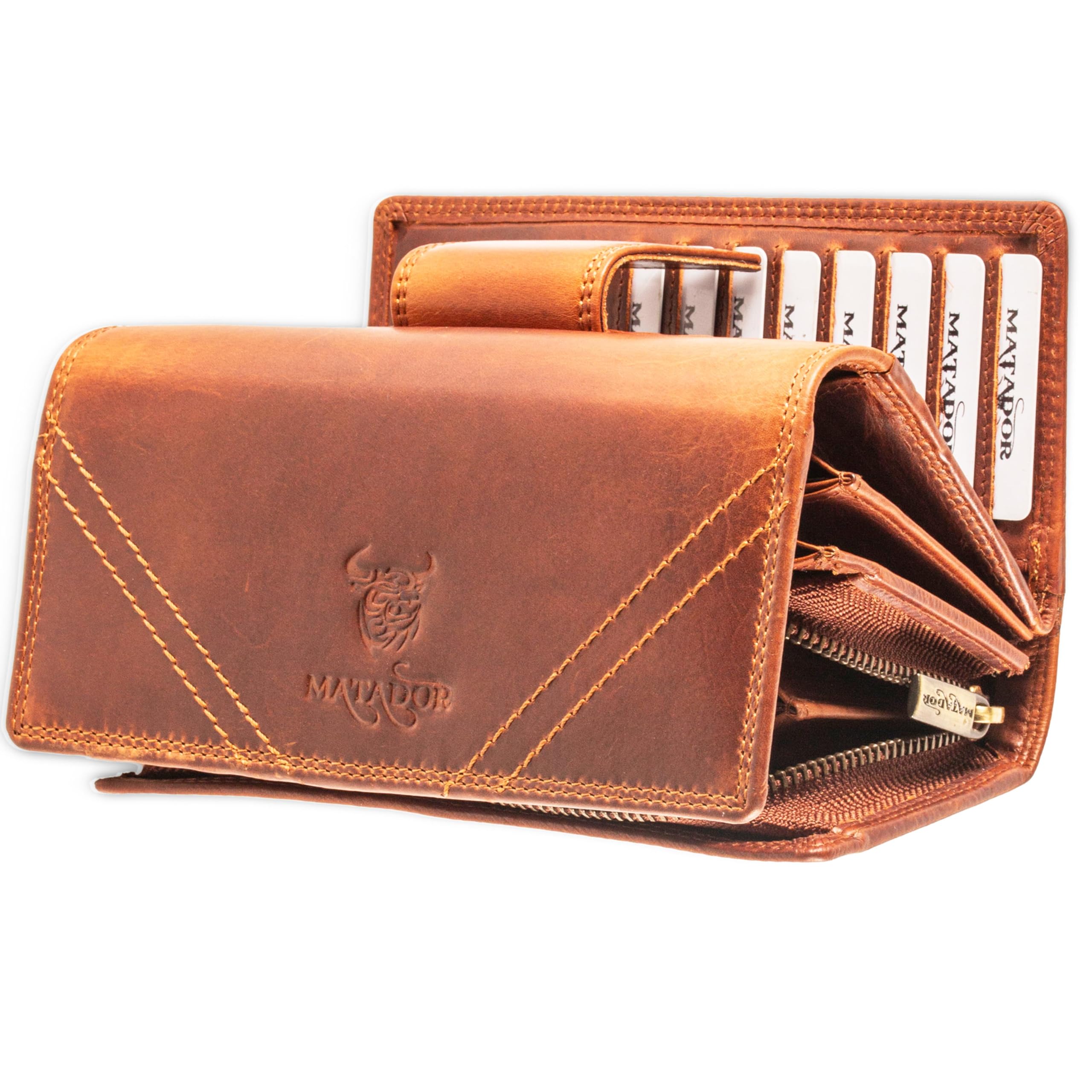 MATADOR Lisbon Women's Leather Wallet with Elegant Gift Box, Elegant Women's Large Wallet with RFID Blocker, Luxury Wallet, Many Card Slots, Brown vintage, L, Classic