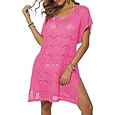 Imimtuan Women Swimsuit Crochet Swim Cover Up Summer V Neck Bathing Suit Beach Cover Up Swimwear Knit 2025 Beach Dress(Rose,L)