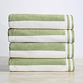 Great Bay Home 100% Cotton Velour 4 Pack Beach Towels 30" x 60" - Cabana Stripe Pool Towels - Quick Dry, Large Swim Towel (Eucalyptus Green/White)