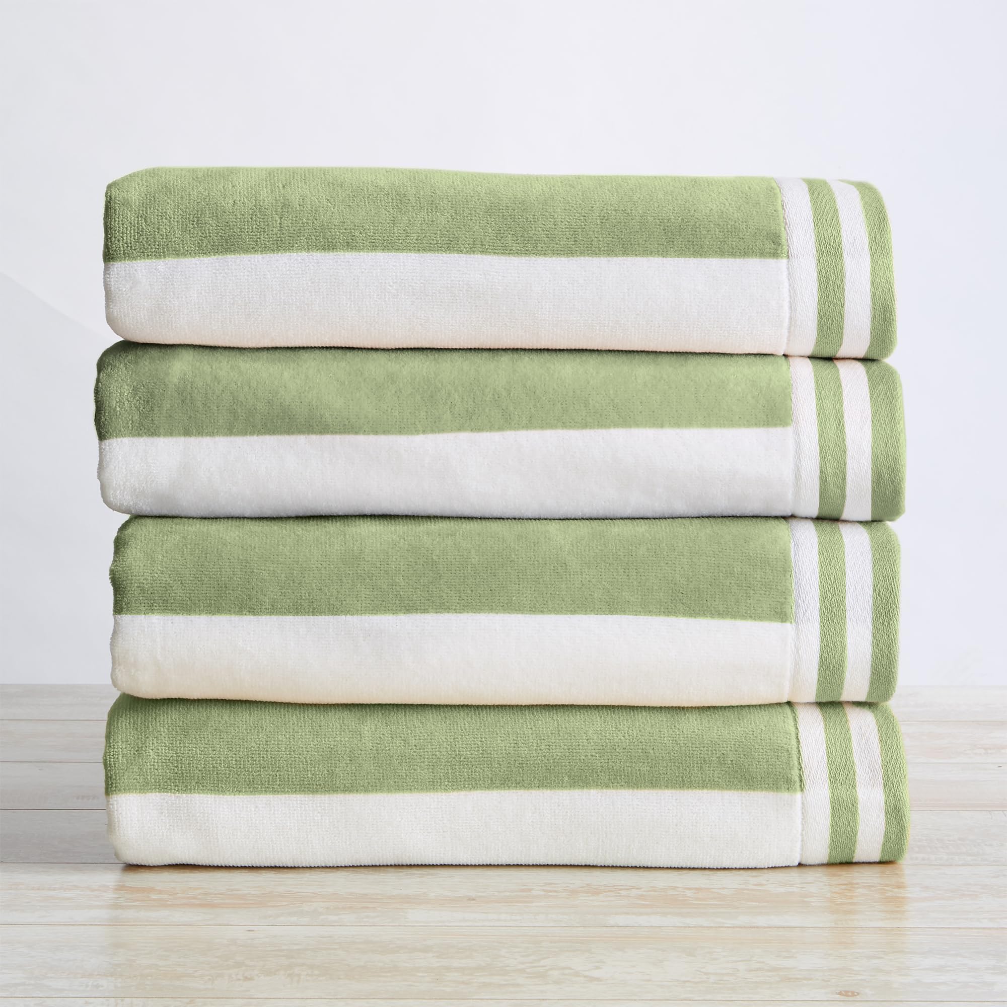 Photo 1 of Great Bay Home 100% Cotton Velour 4 Pack Beach Towels 30" x 60" - Green/White Cabana Stripe Pool Towels - Quick Dry, Large Swim Towels