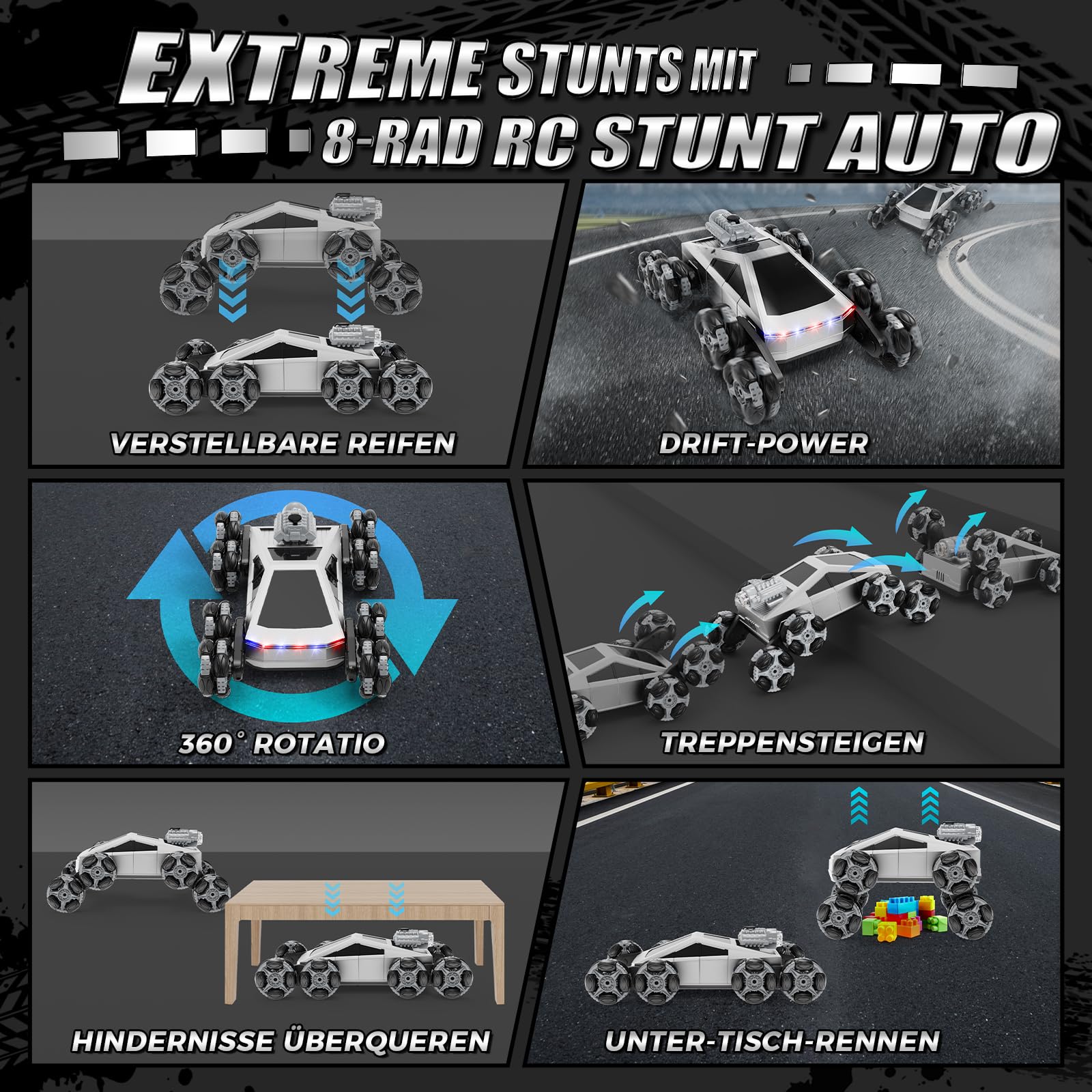 Ferngesteuertes Auto 8 Rad RC Stunt Car, 8WD RC Car, mit Handsteuerung & Fernbedienung, LED Licht Musik Sprühnebel, RC Car für Kinder 5 6 7 8 9 10 11 Jahre, geburtstagsgeschenk für Jungen und Mädchen 3