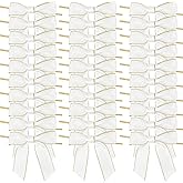 AIMUDI White Bows 3.5" Satin Twist Tie Bows Premade Ribbon Bows with Gold Edge Pretied Bows for Treat Bags, Cake Pop, Crafts, Wedding Favors, Gift Wrapping, Baby Shower, Apple Candy- 50 Counts