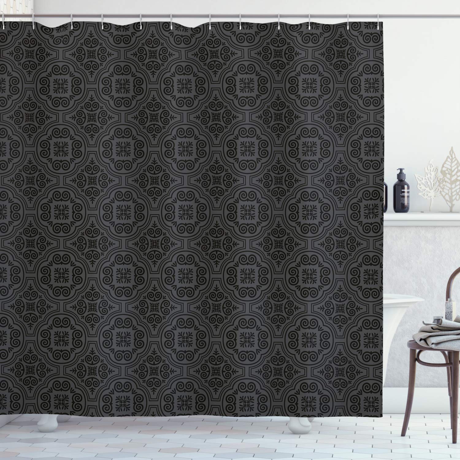 ABAKUHAUS Dark Grey Shower Curtain, Baroque Venetian Flower Motifs Medieval Ornate Mosaic Gothic Design Elements, Cloth Fabric Bathroom Decor Set with Hooks, 94 Inches, Black Grey