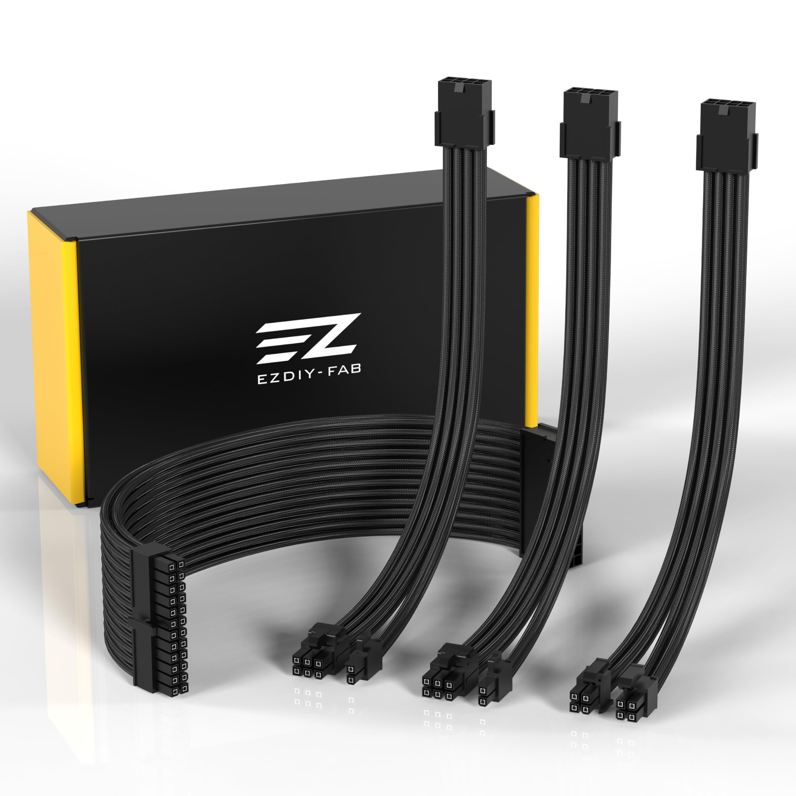 EZDIY-FAB PSU Cable Extension Sleeved Custom Cable for PC Power Supply,Soft Nylon Braided with Comb Kit 24PIN/8PIN to 6+2Pin/ 8PIN to 4+4PIN-30CM 300MM - Black