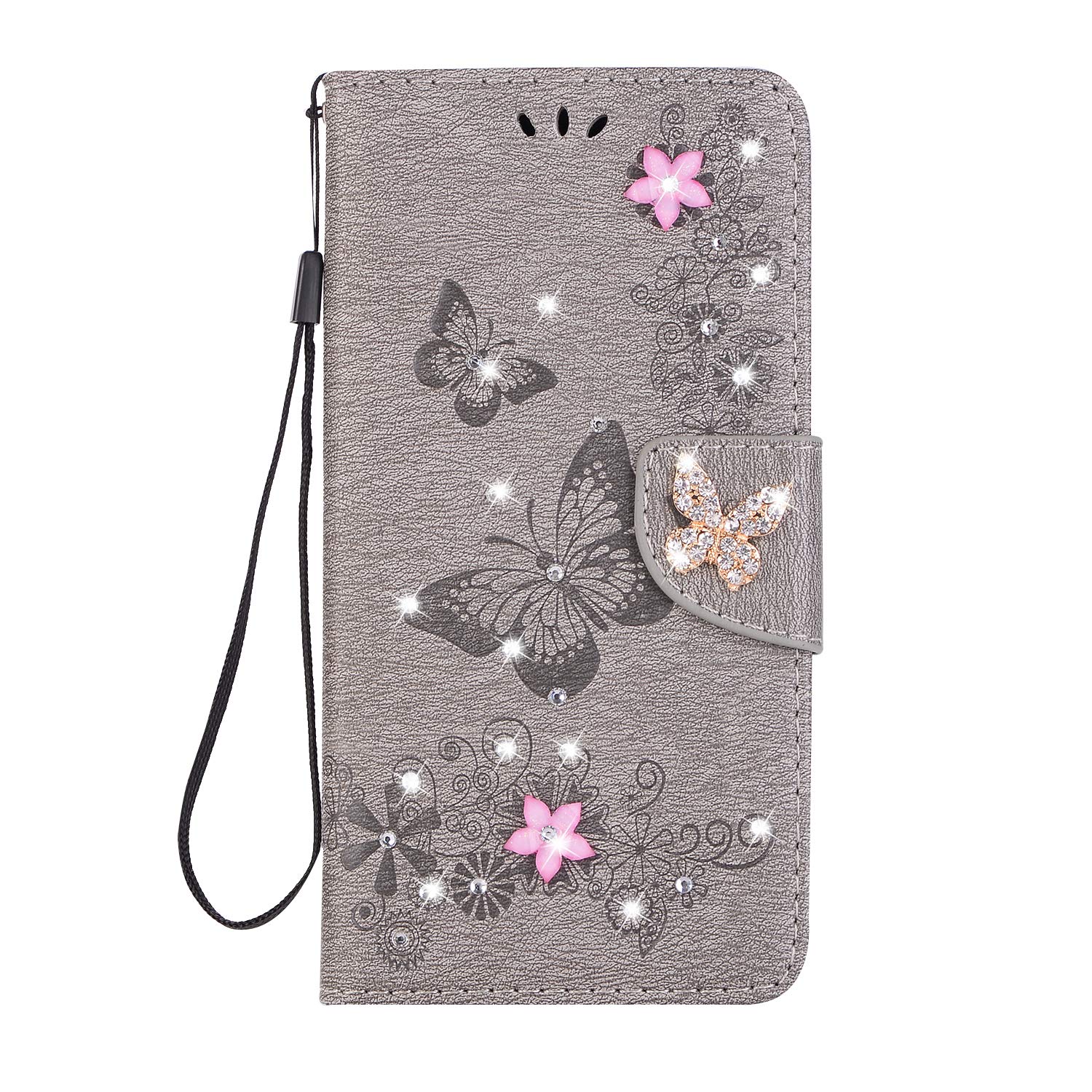 Mo-Somnus For iPhone Xs Case [Free Tempered Glass Screen Protector], Bling Sparkly Diamonds Gems Butterfly Design Wallet,PU Leather Flip Case Cover for iPhone Xs/iPhone X - 5.8" (Grey)
