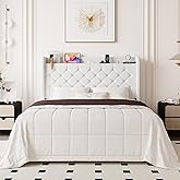 Allewie Queen Size Bed Frame, Storage Headboard with Charging Station, Wingback Velvet Upholstered, Diamond Stitched Button Tufted, Sturdy Wooden Slats, No Box Spring Needed, Easy Assembly, White