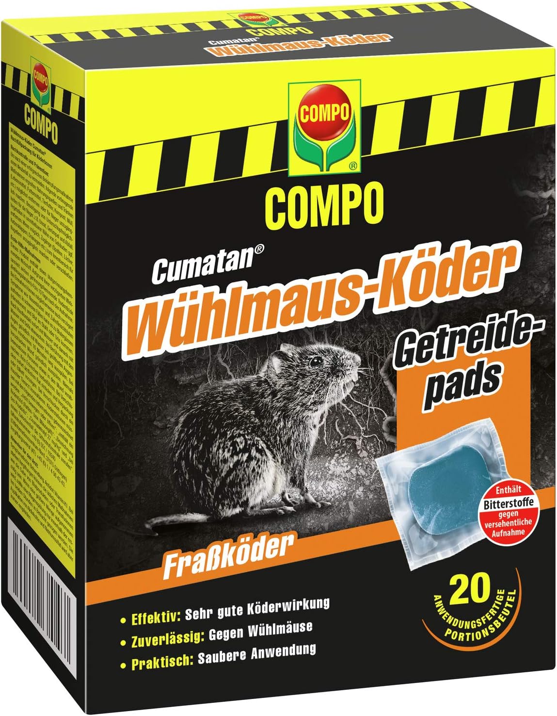 Compo Cumatan Wühlmaus-Köder, Getreidepads, Fraßköder für Köderboxen, 20 Beutel (200 g)