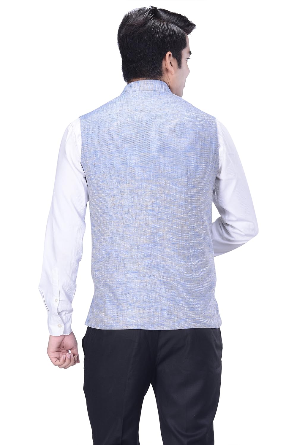 kisah men's woven cotton silk blue nehru jacket