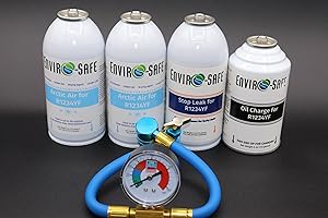 ENVIRO-SAFE R1234YF Auto AC Recharge Kit with Arctic Air, Oil Charge, Stop Leak, Gauge, 4-Piece Professional System
