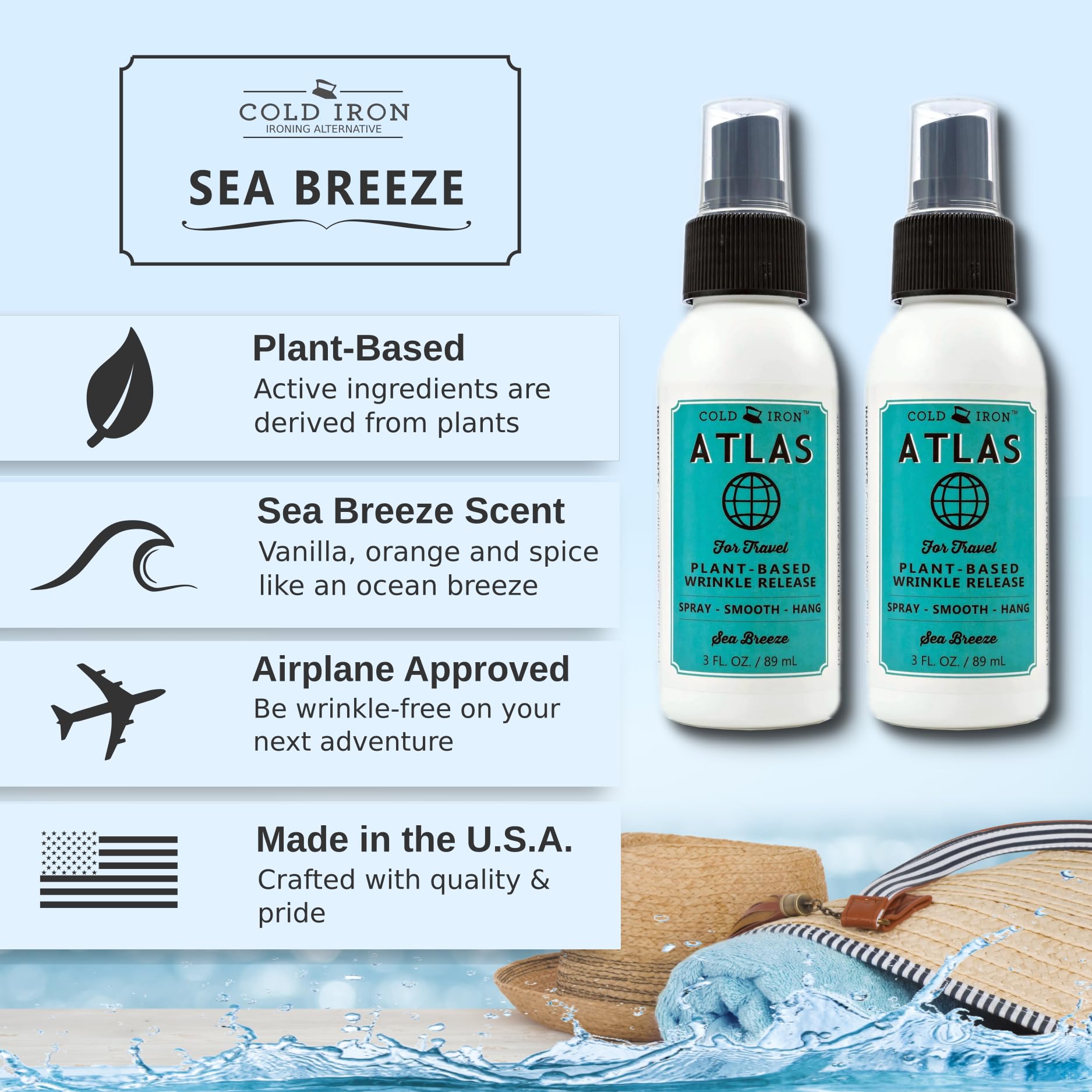 Cold Iron Wrinkle Release Spray for Clothes. Atlas Travel Size 3 fl oz/89 ml. Light Summery Scent. Ironing Alternative. Spray, Smooth, Hang.