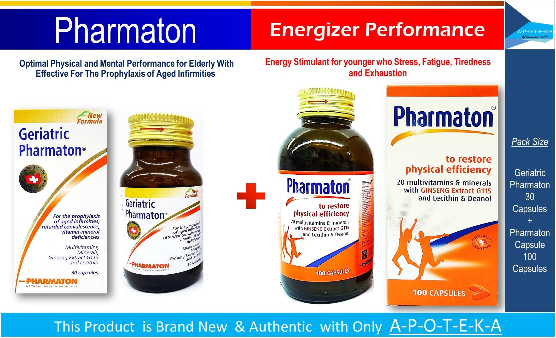 Pharmaton Energizer Set (Geriatric 30 Caps + Pharmaton 100 Caps) Energy Stimulant for Younger Who Stress & Exhaustion + Prophylaxis of Aged Infirmities, Ageing Concentration Memory for Elderly