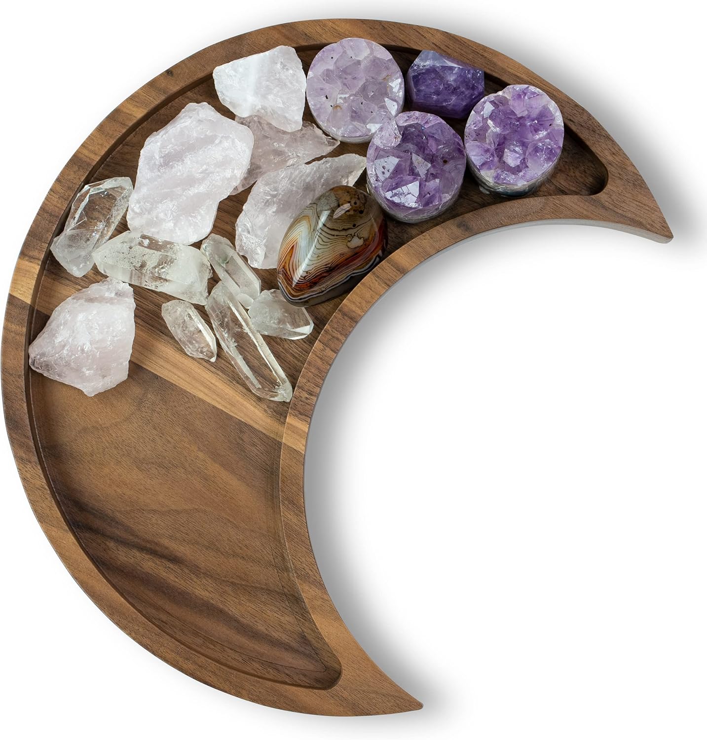 Moon Tray Crystal Holder and Display Walnut Wood Crystal Tray for
