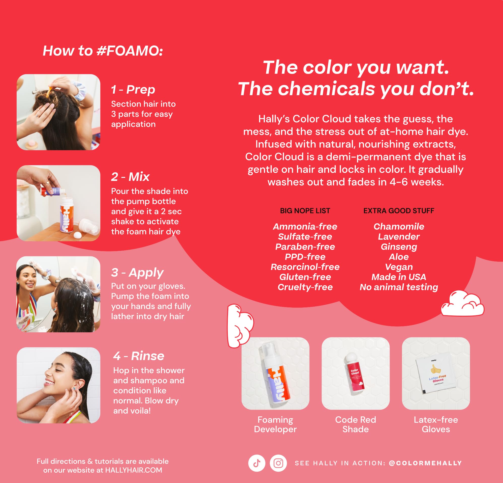 Hally Hair Color Cloud Hair Dye (Code Red) - Demi-Permanent Foam Hair Color for Women & Men - Mess-Free & Long-Lasting Hair Dye Kit, Hair Coloring Products Wash Out in 4-6 Weeks, Vegan
