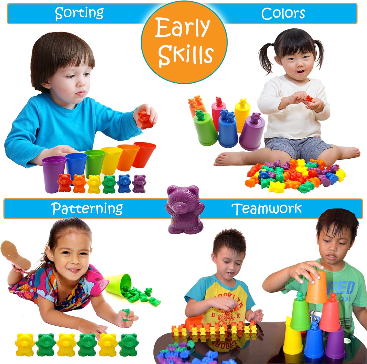 Skoolzy Rainbow Counting Bears with Matching Sorting Cups, Bear Counters and Dice Math Toddler Games 71pc Set - Bonus Scoop Tongs, Storage Bags…: Toys & Games